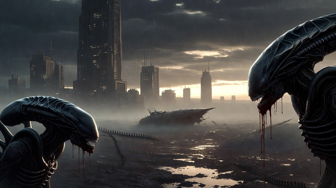 A picture of two menacing looking aliens.