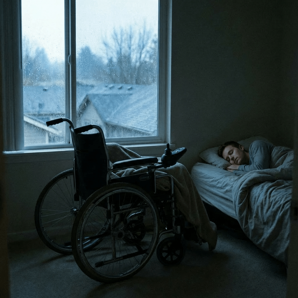 Empty wheelchair draped with a blanket by a window during a rainy day.