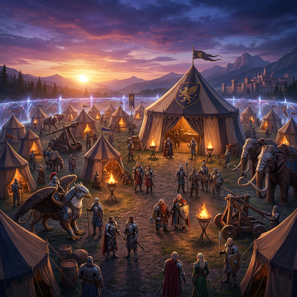 Bustling fantasy military camp at sunset featuring knights, magical creatures, and wooden siege engines.