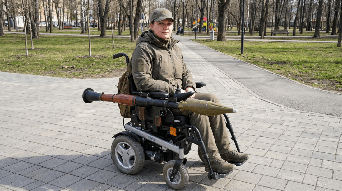 Woman in military gear in a wheelchair equipped with an RPG launcher.