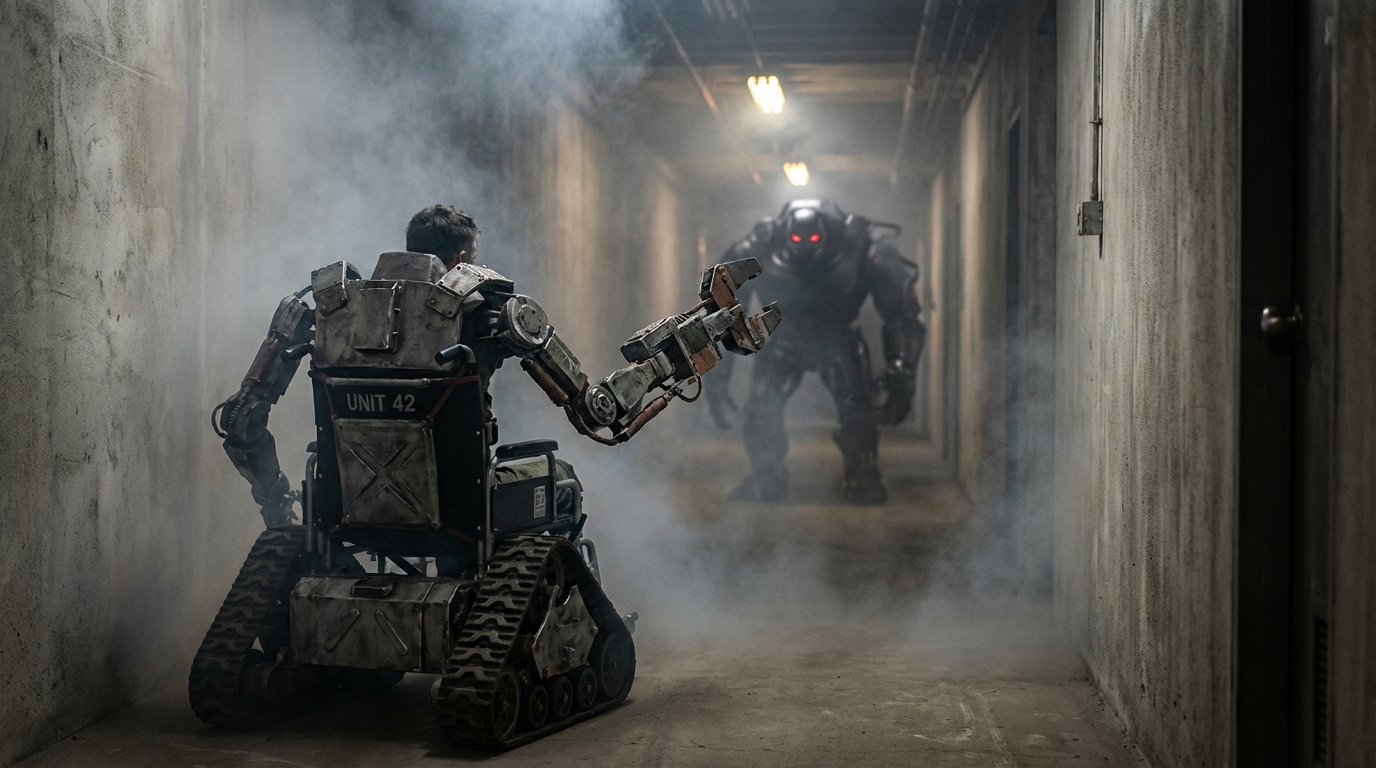 Man in tank-treaded wheelchair facing a giant robot in a smoky hallway.