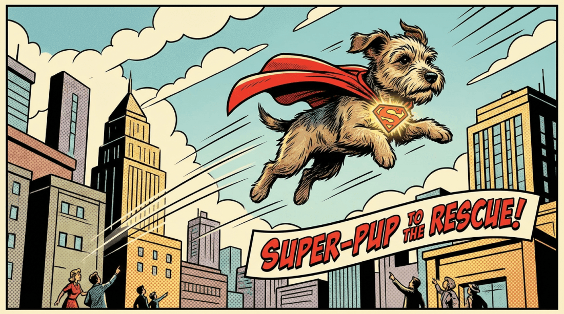 Comic art of a caped dog flying over a city. Text: SUPER-PUP TO THE RESCUE!