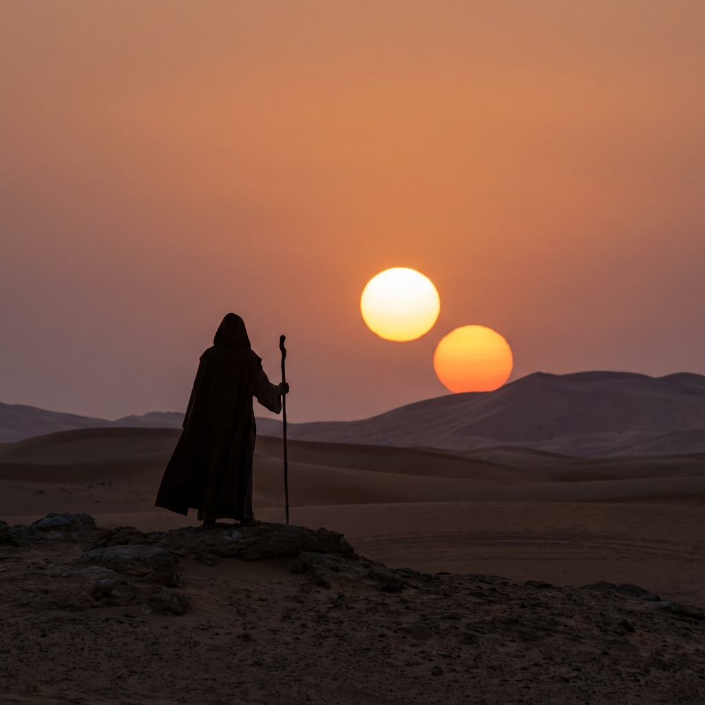 Silhouette of a cloaked figure with a staff watching a binary sunset in a desert.