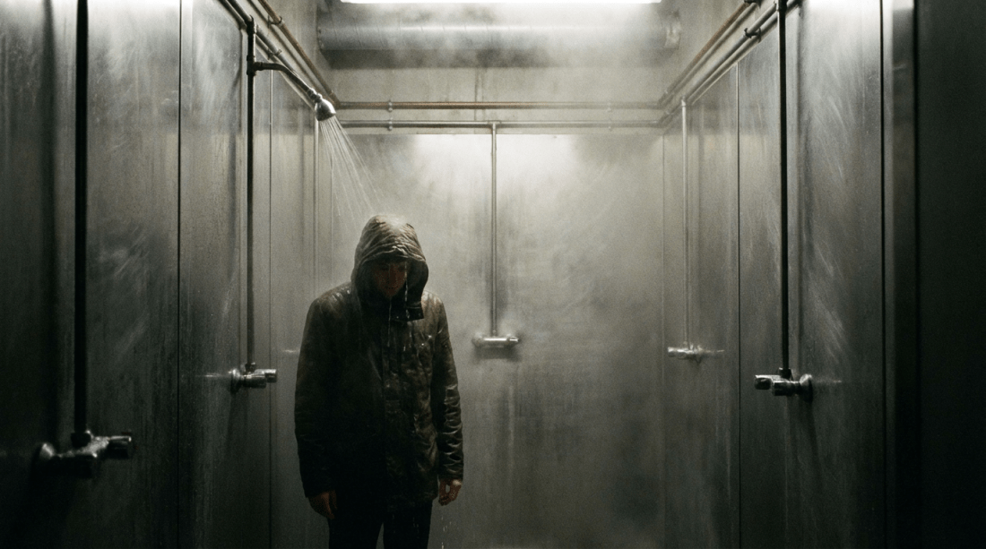 A person in a hooded jacket standing under a running shower in a metallic communal bathroom.