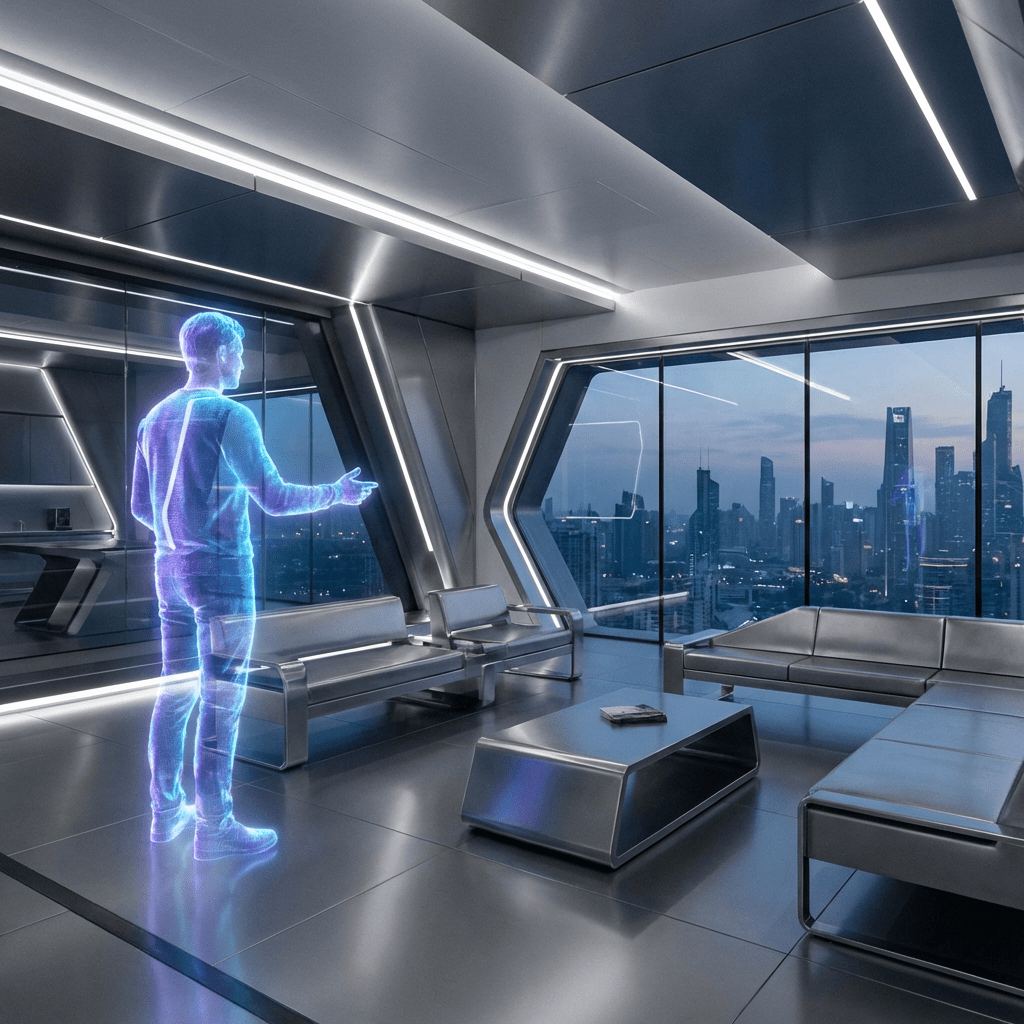 Glowing blue holographic man standing in a futuristic office overlooking a city skyline.