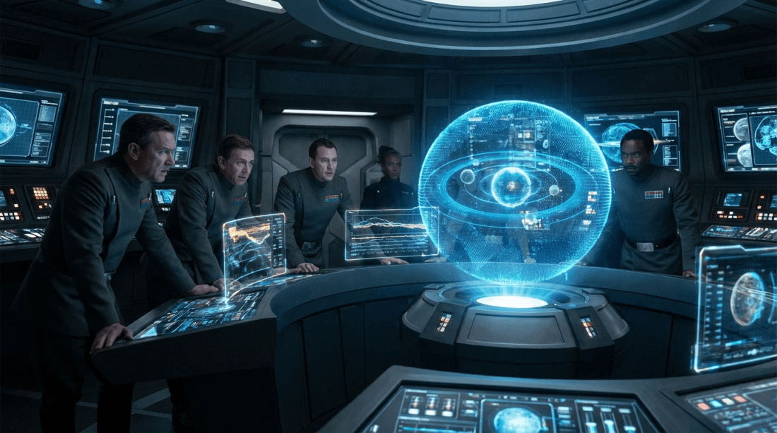 Uniformed officers examine a large holographic projection of a planet on a futuristic bridge.