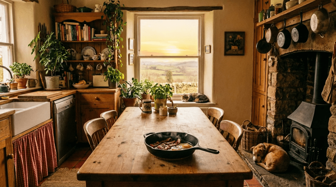 A rustic kitchen with sleeping pets and giant breakfast food floating in the landscape.