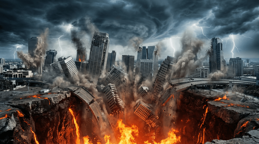 Skyscrapers collapsing into a fiery lava-filled chasm under a dark, stormy sky with lightning.