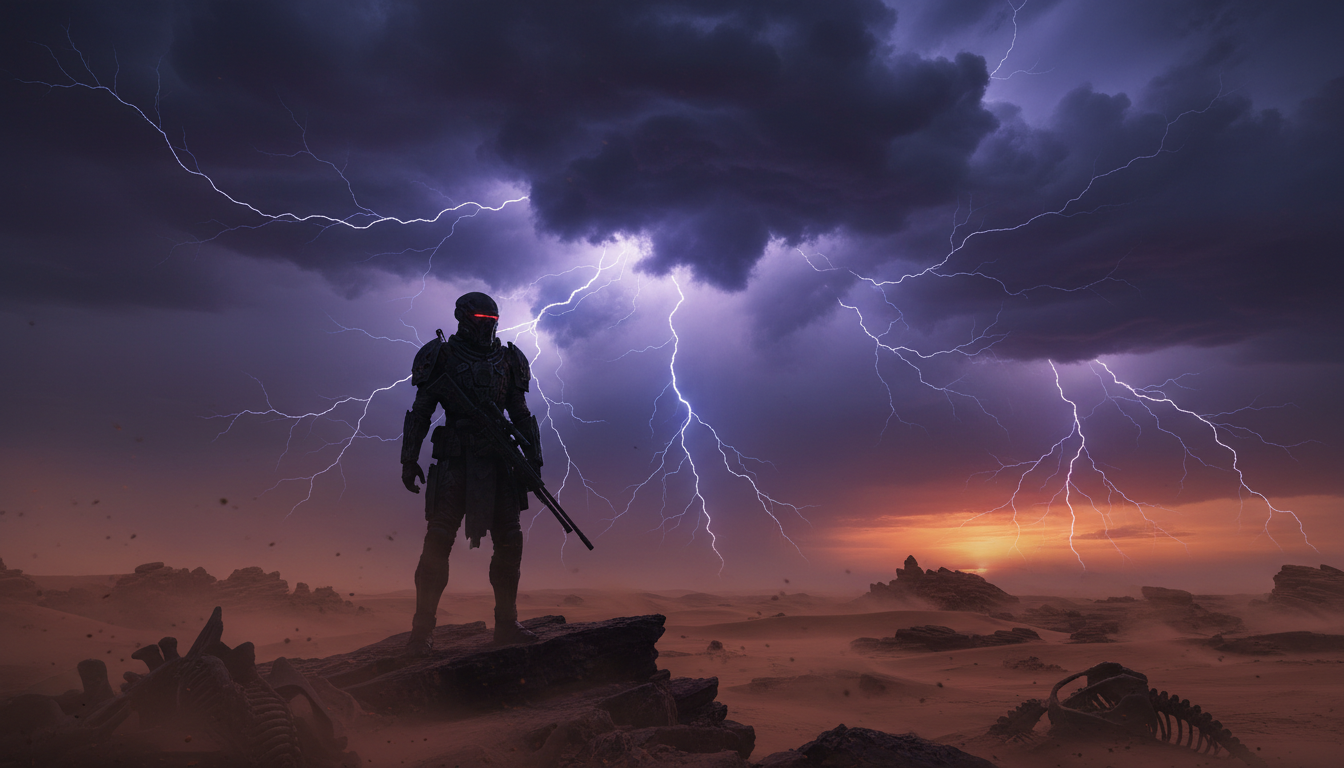 Armored soldier with a rifle standing in a desert during a lightning storm at sunset.