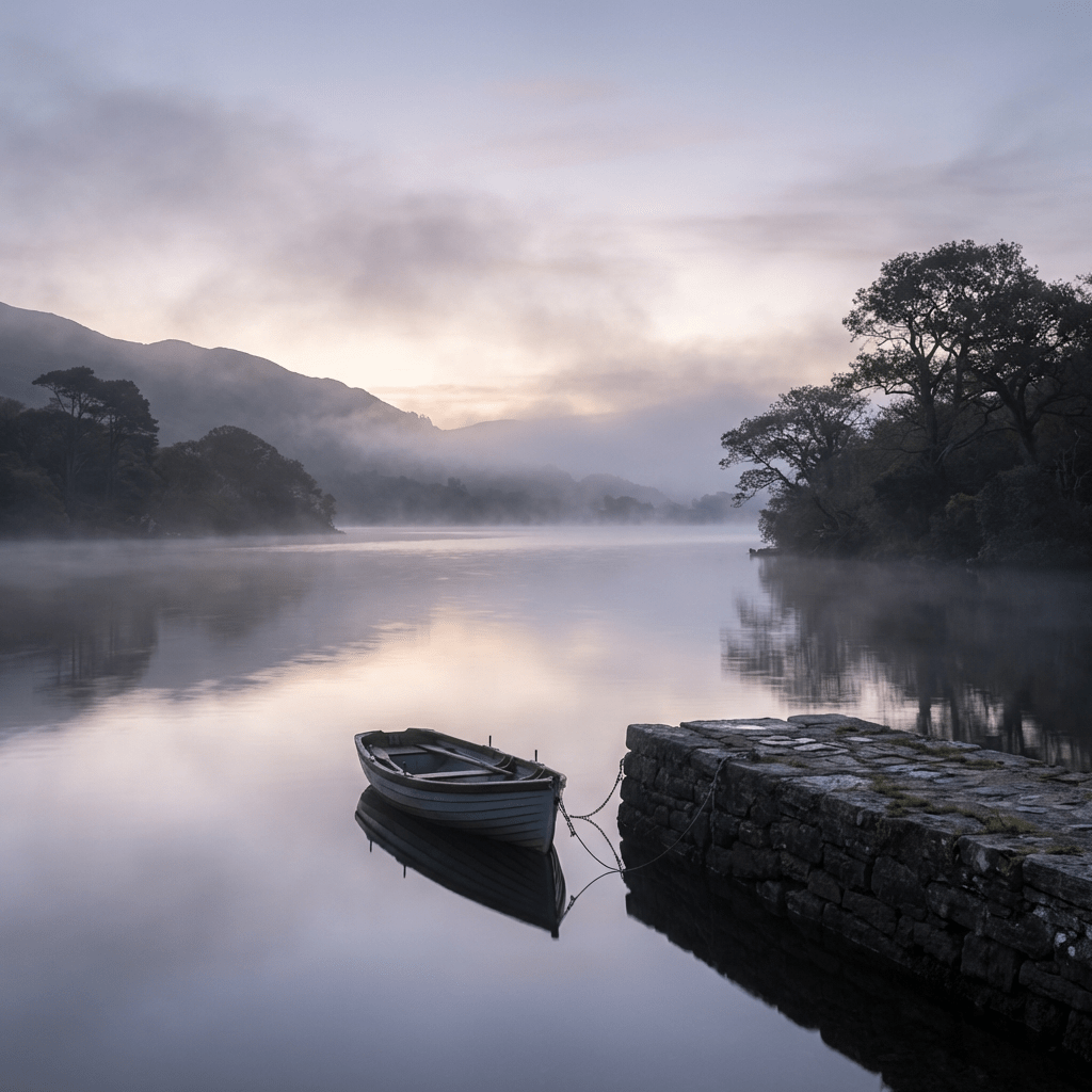 A wooden rowing boat moored at a stone jetty on a calm, misty lake.