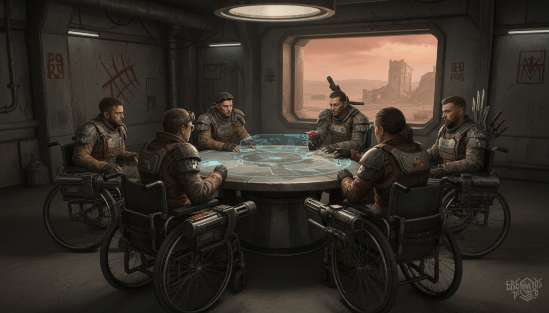 Soldiers in combat-ready wheelchairs strategizing around a holographic table in a wasteland bunker.
