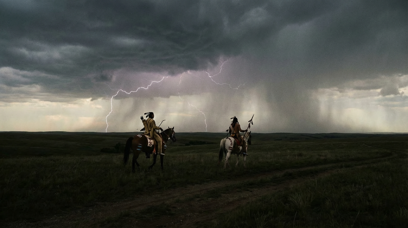 Two cowboys on horseback silhouetted against a dramatic lightning storm on the open plains.