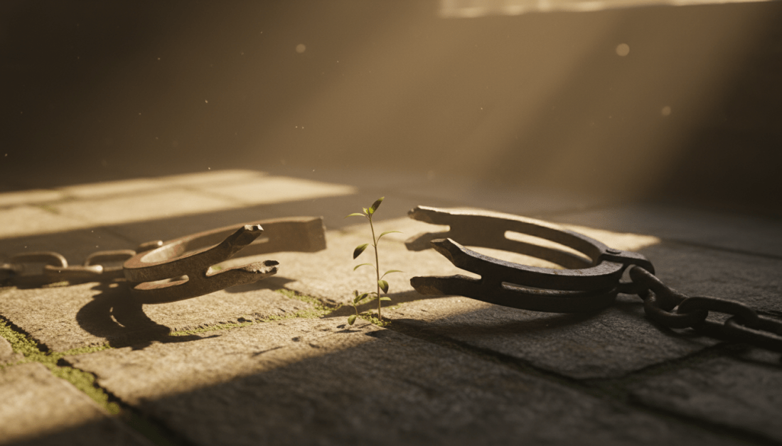 Small green sprout growing between broken rusty iron shackles on a stone floor.