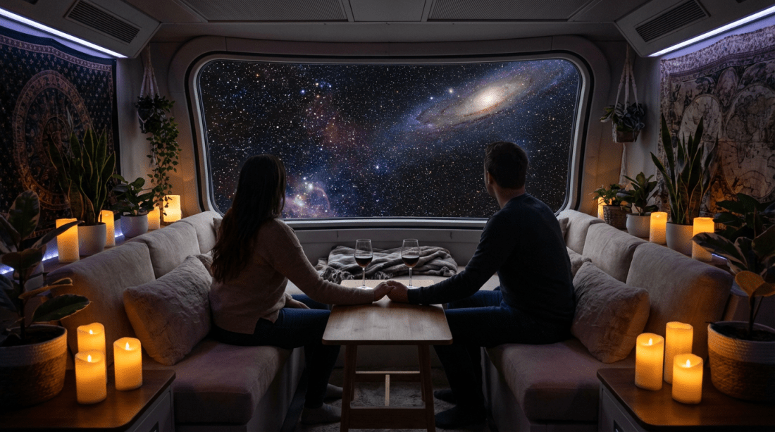 Couple sitting in a cozy room holding hands and looking out a large window at a galaxy of stars and nebulae.