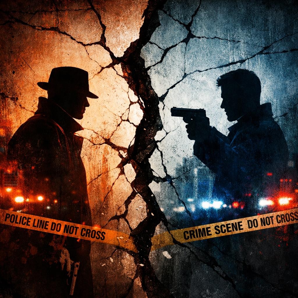 Silhouettes of two men facing each other, one aiming a gun, with police tape and cracked background