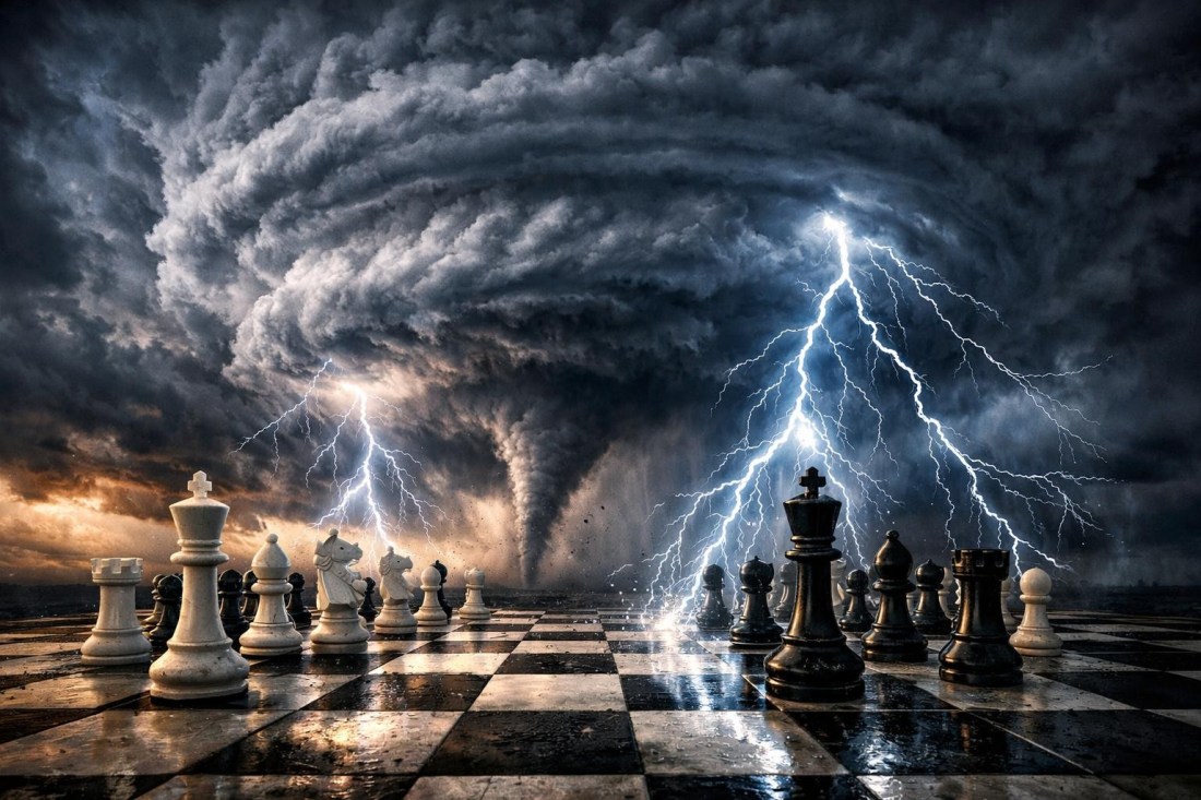 Chess pieces on a board with a tornado and lightning storm in the background