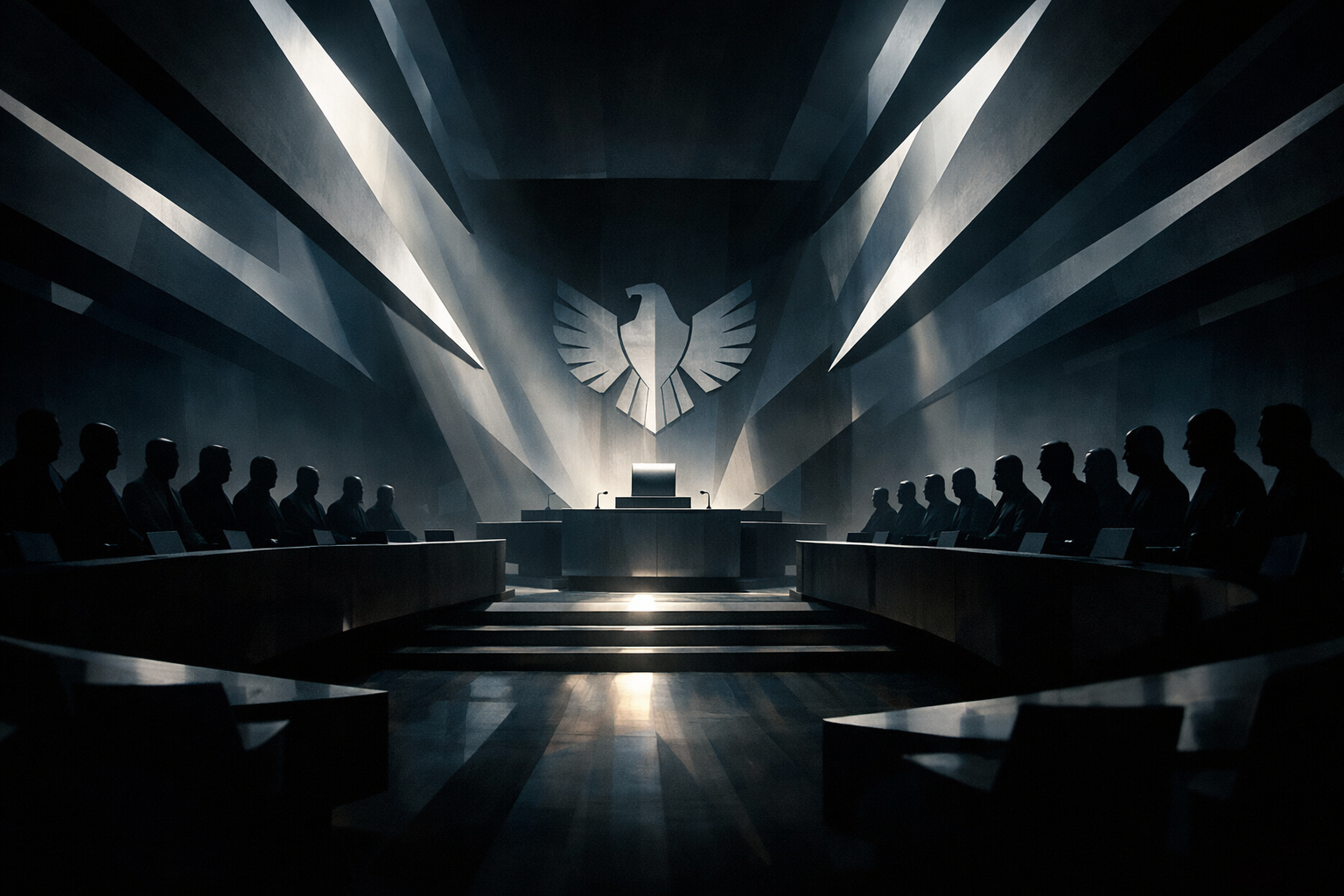 Dark courtroom with judge's bench and large eagle emblem, people seated along sides