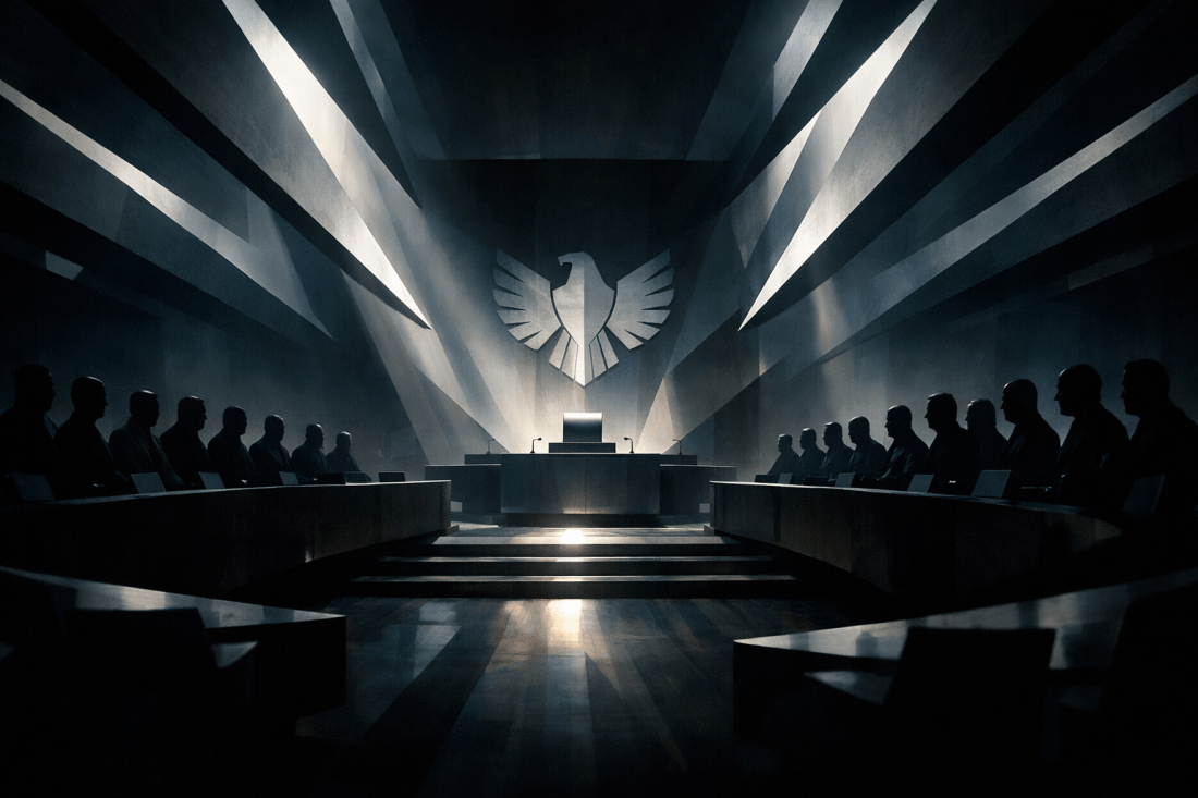 Dark courtroom with judge's bench and large eagle emblem, people seated along sides