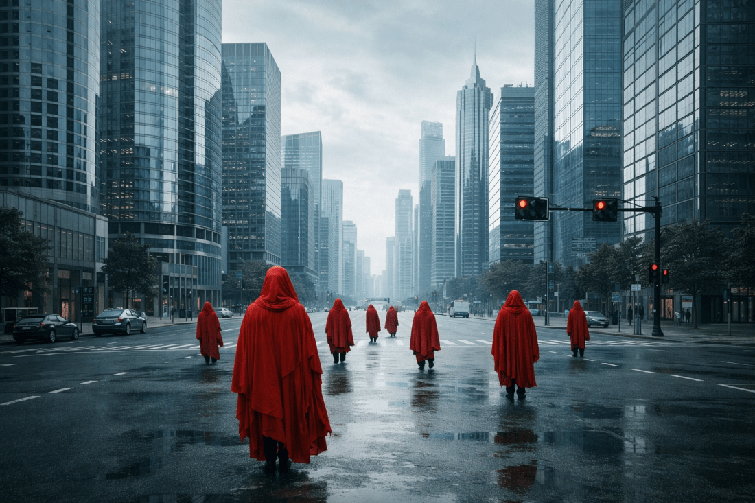 Multiple people wearing red cloaks walking on a damaged street in a destroyed city.