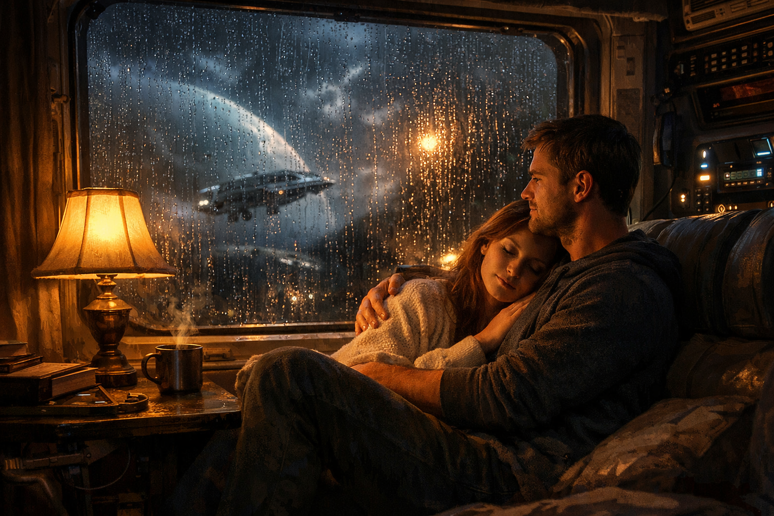 Couple embracing inside cozy cabin with rainy window showing spaceship outside