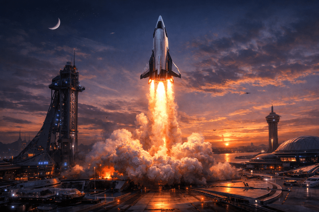 Rocket lifting off from a launch pad with fiery exhaust and city buildings in the background at sunset