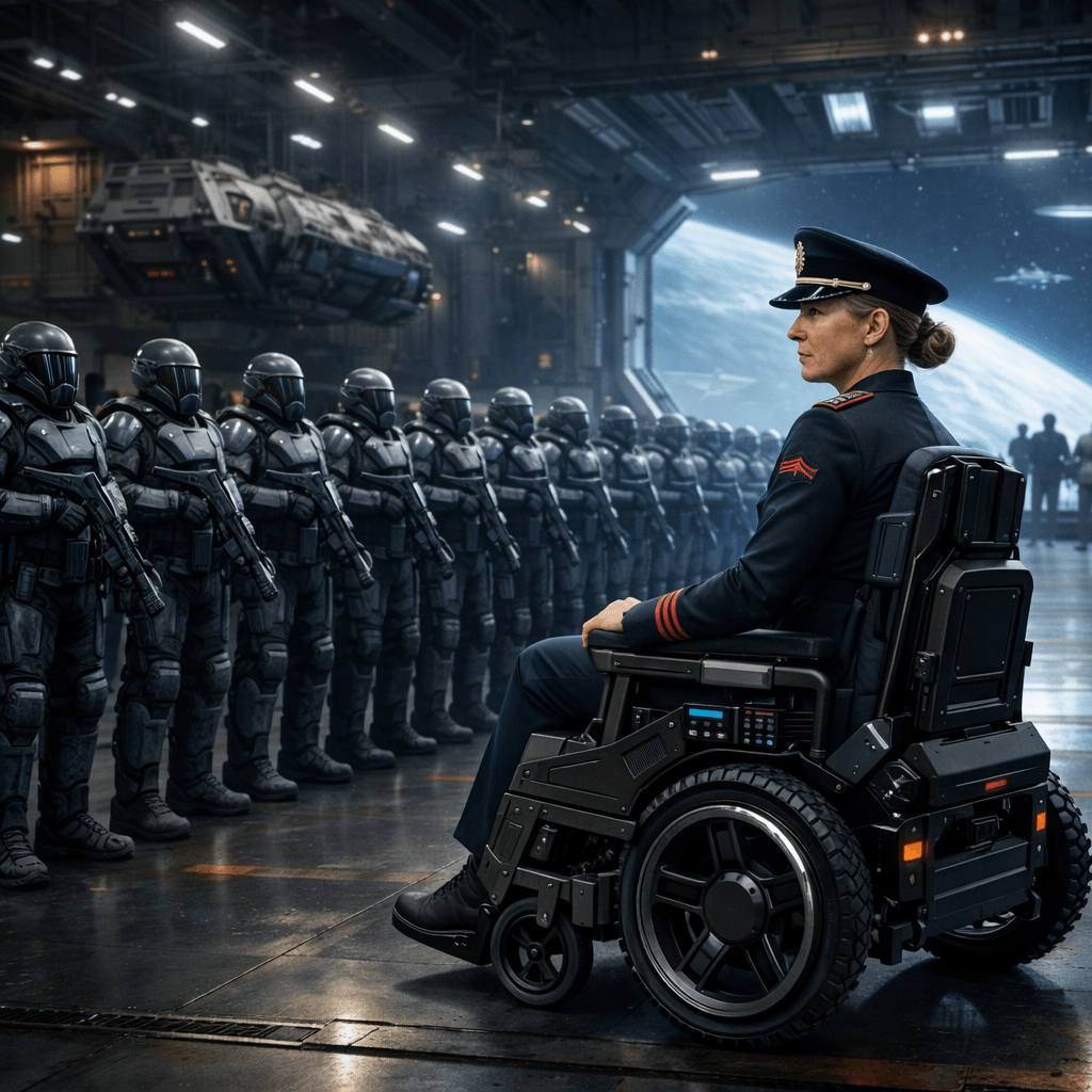 Military officer in wheelchair inspecting lined-up armored soldiers in futuristic space station