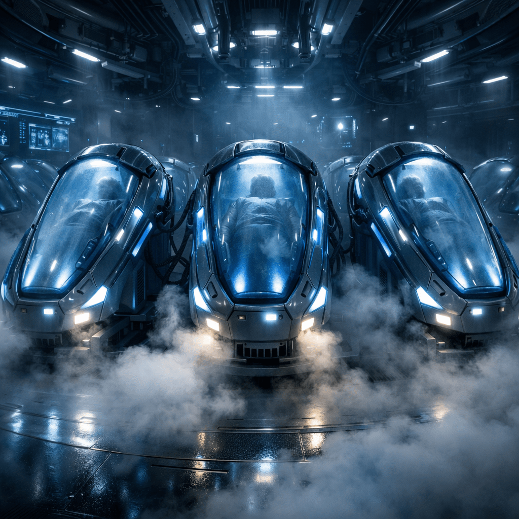 Three people inside illuminated futuristic cryogenic pods emitting mist in a sci-fi chamber