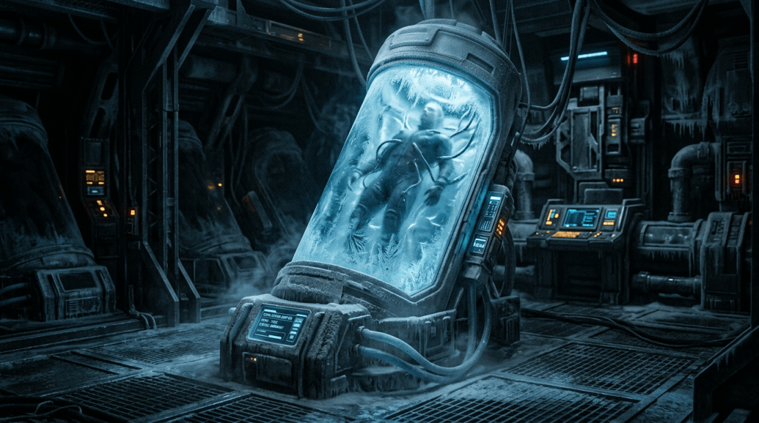 Human figure frozen in cryogenic chamber with frost and tubes in sci-fi lab