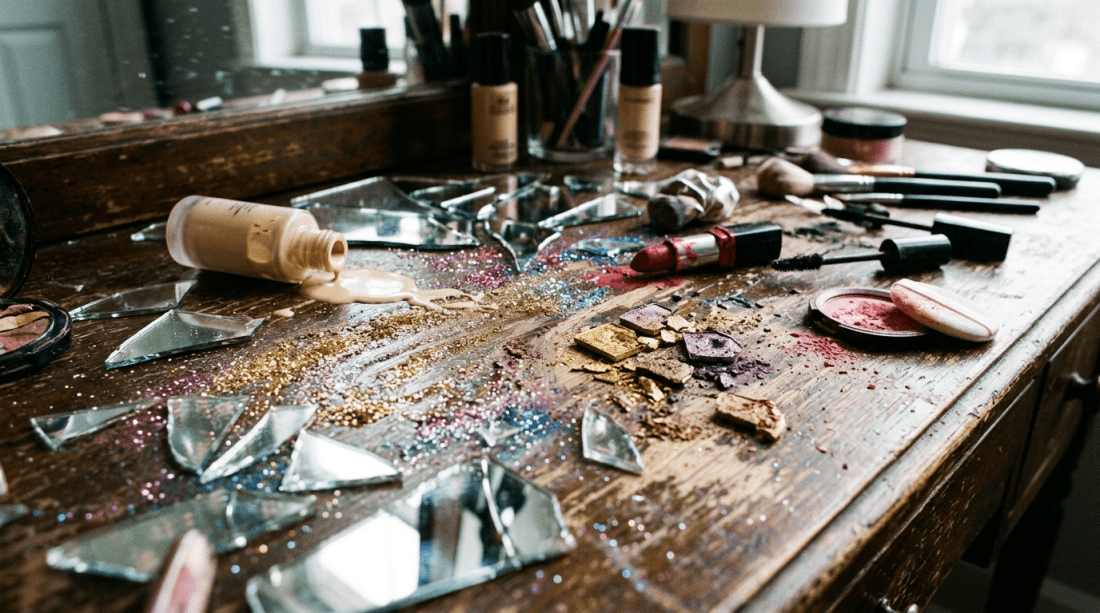 Broken mirror shards, spilled foundation, red lipstick, powders, brushes, and glitter on a wooden surface