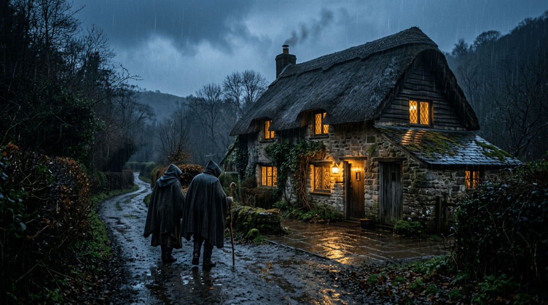 Two cloaked figures walking on wet path near lit stone cottage during rain