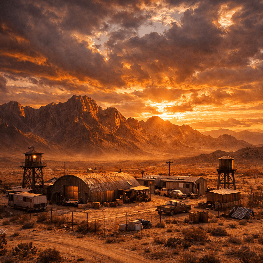 Desert outpost with buildings and watchtowers at sunset with mountains in background