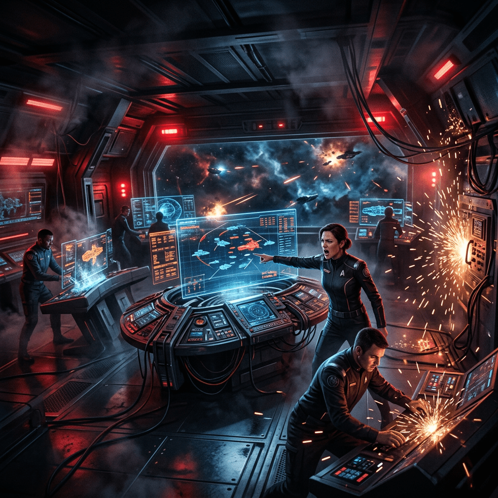 Futuristic spaceship bridge with crew working on consoles and battle occurring outside