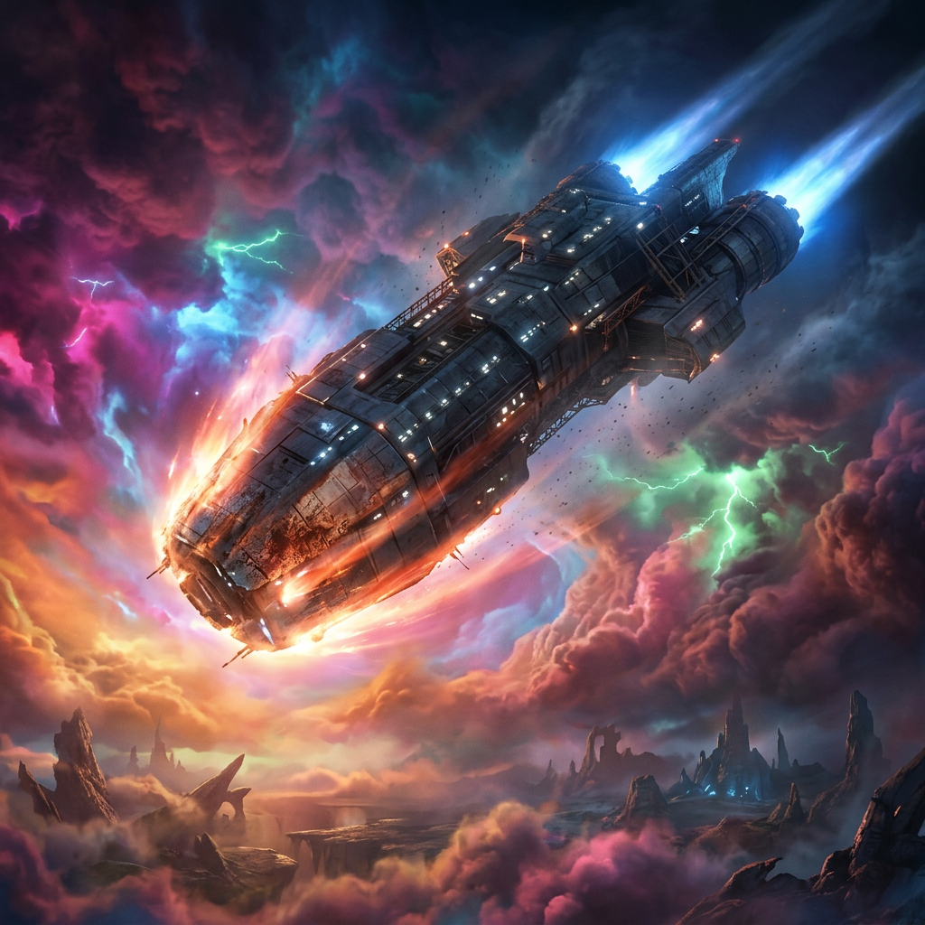 Futuristic spaceship flying through colorful storm clouds with lightning and rocky terrain below