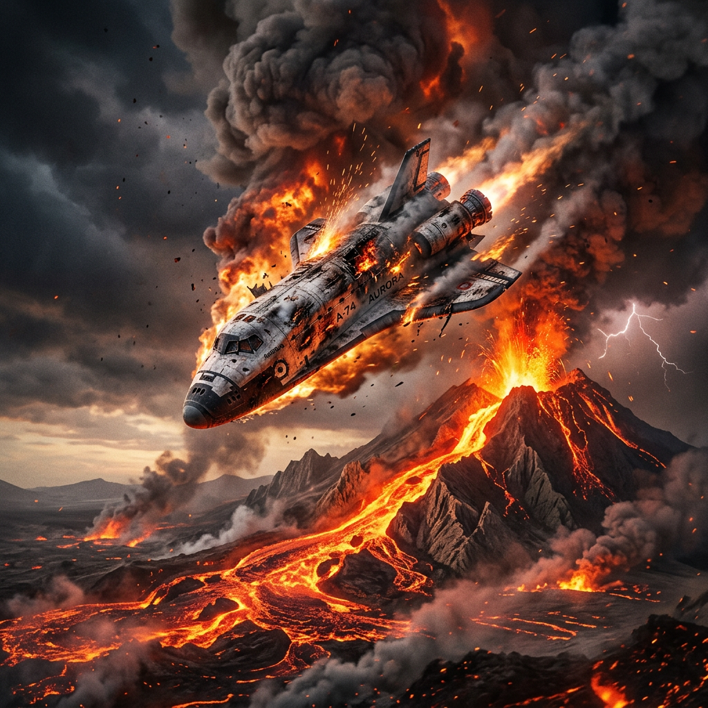 Space shuttle burning and falling near erupting volcano with lava and smoke
