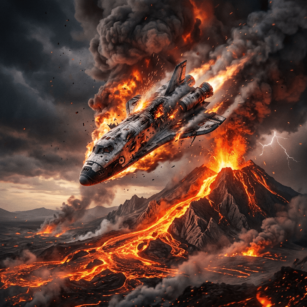 Space shuttle burning and falling near erupting volcano with lava and smoke