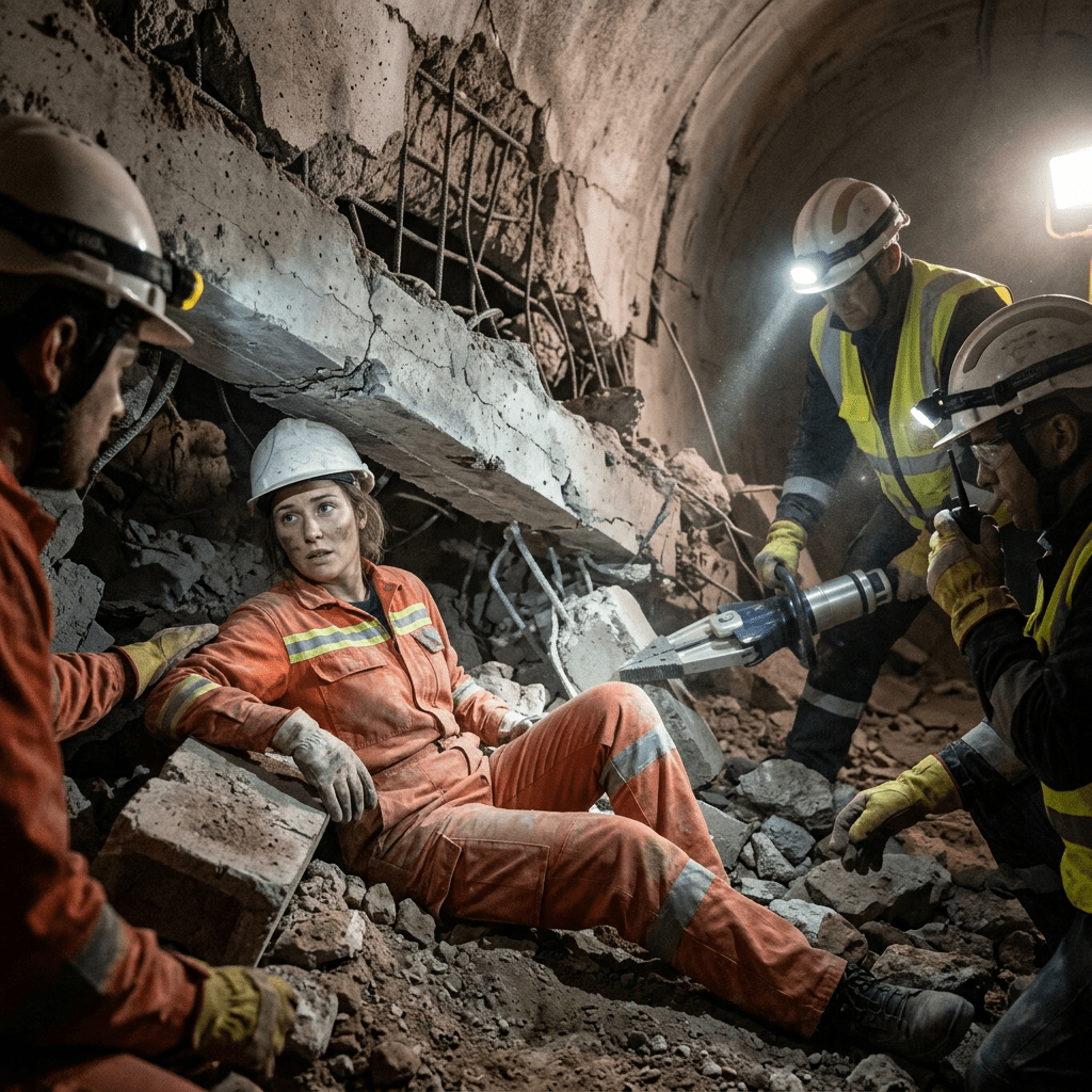 Rescue workers helping an injured person trapped under rubble in a tunnel collapse