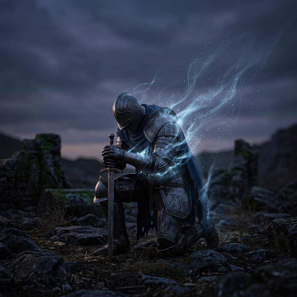 Kneeling knight in dark armor holding a sword with glowing magical aura
