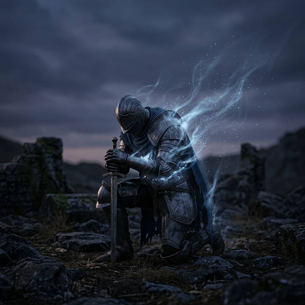 Kneeling knight in dark armor holding a sword with glowing magical aura