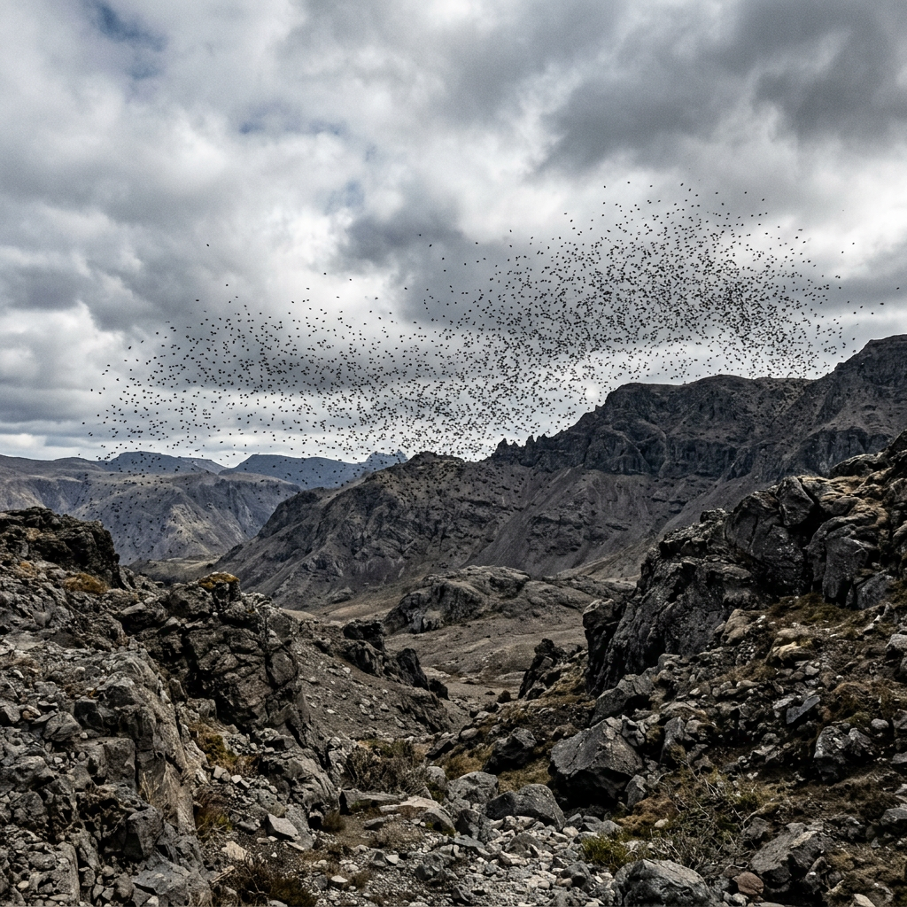 Flock of birds flying above rocky mountain valley with cloudy sky