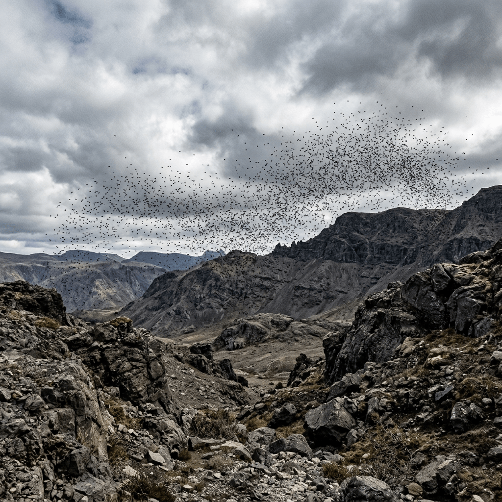 Flock of birds flying above rocky mountain valley with cloudy sky