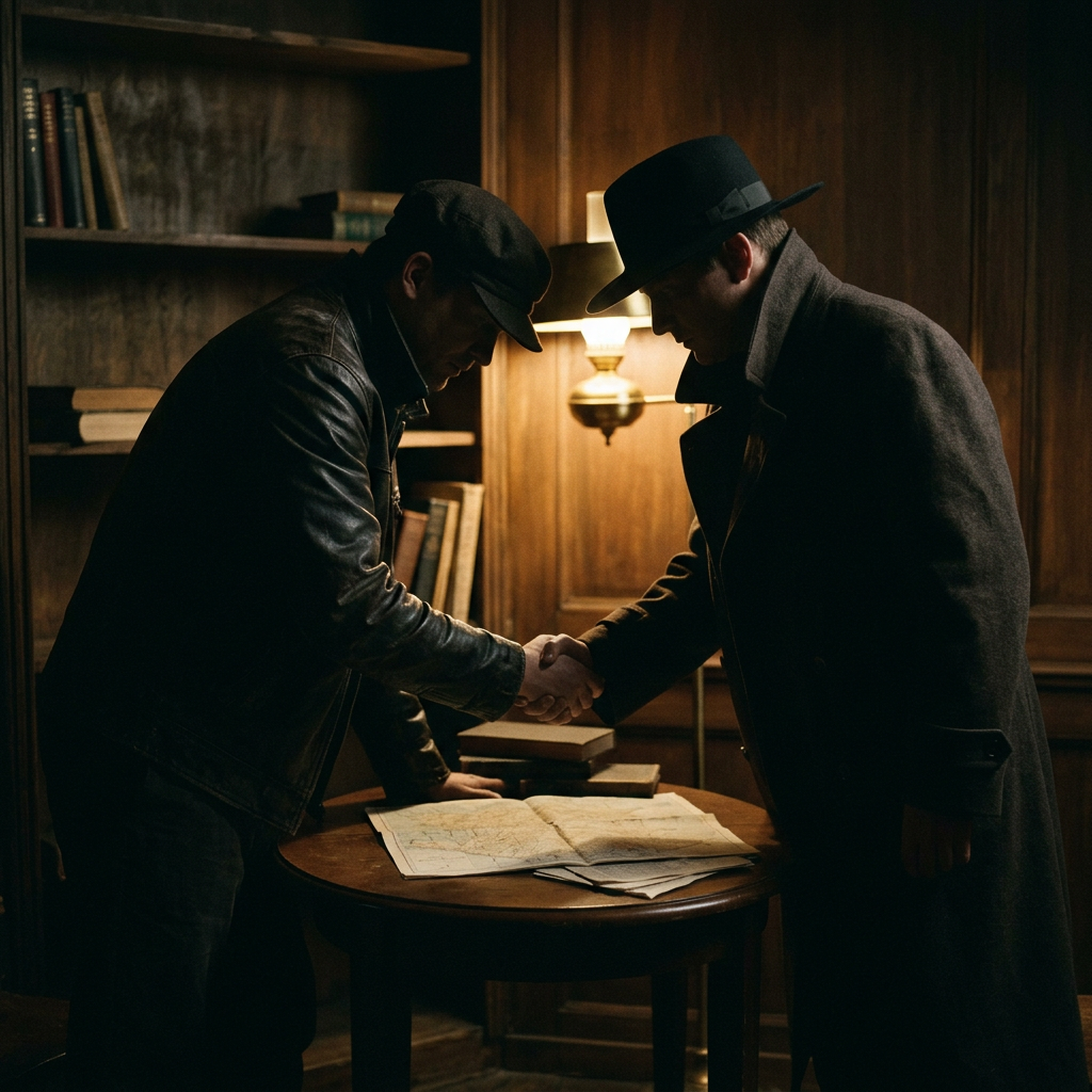 Two men wearing hats and coats shaking hands over a table with maps and books in a dimly lit wood-paneled room