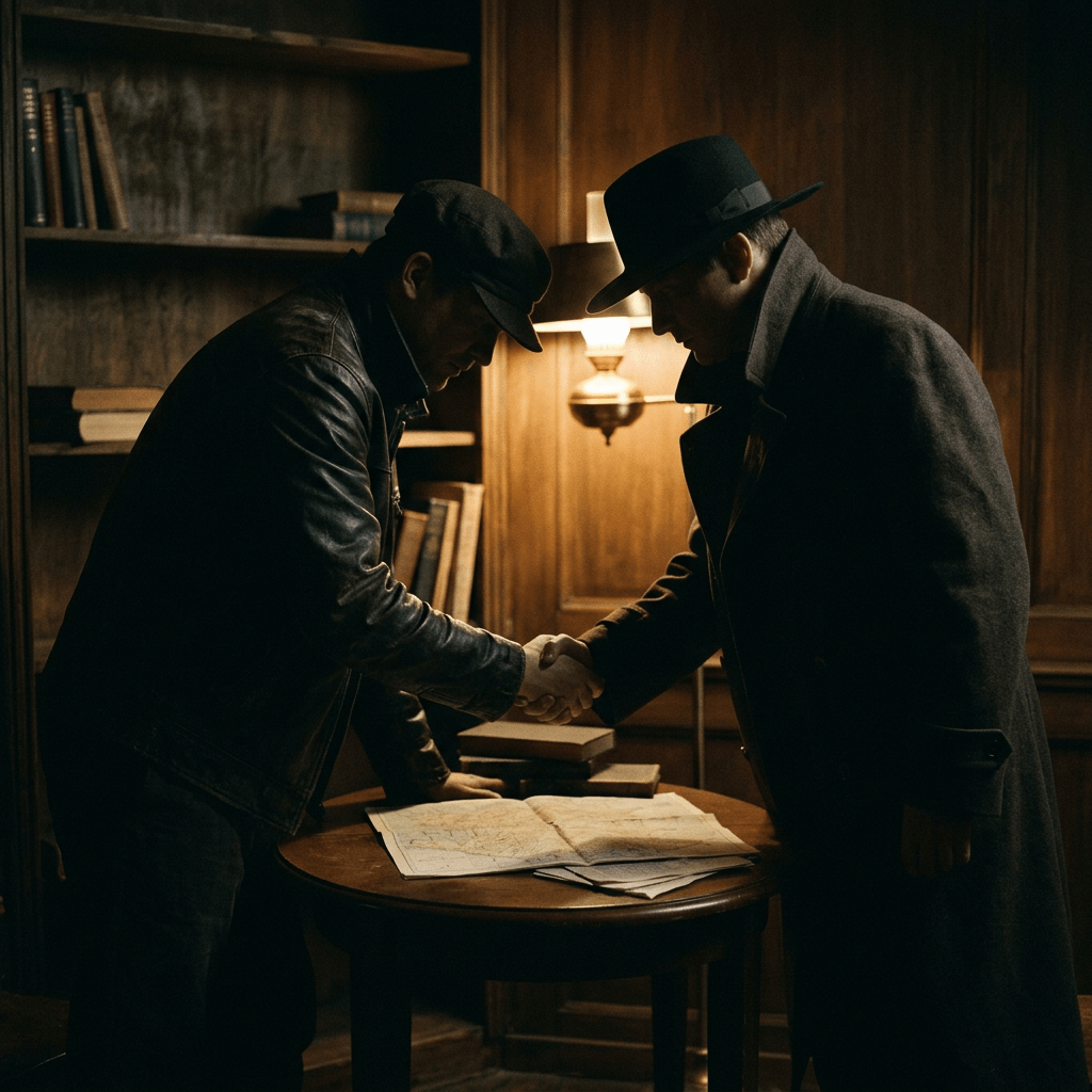 Two men wearing hats and coats shaking hands over a table with maps and books in a dimly lit wood-paneled room