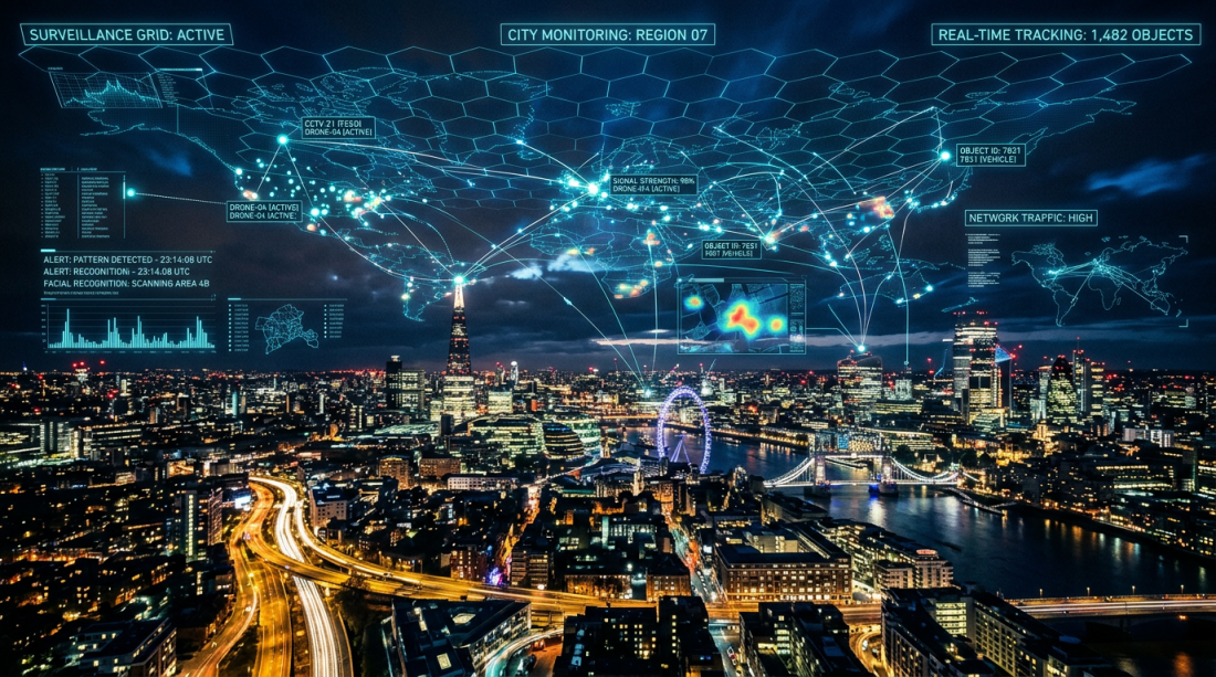 Night cityscape with digital surveillance and tracking data overlays on buildings and map