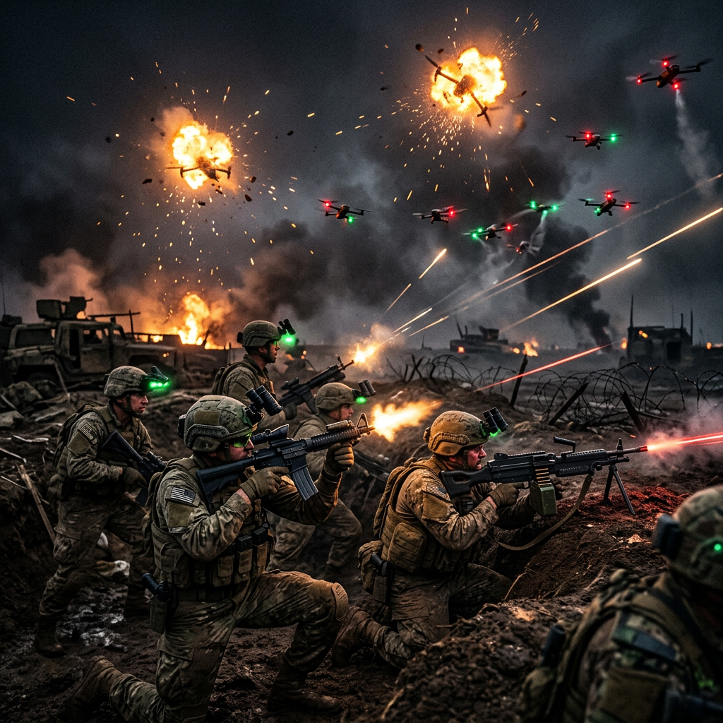 Soldiers firing weapons from trenches as drones explode above and tracer fire lights the dark battlefield