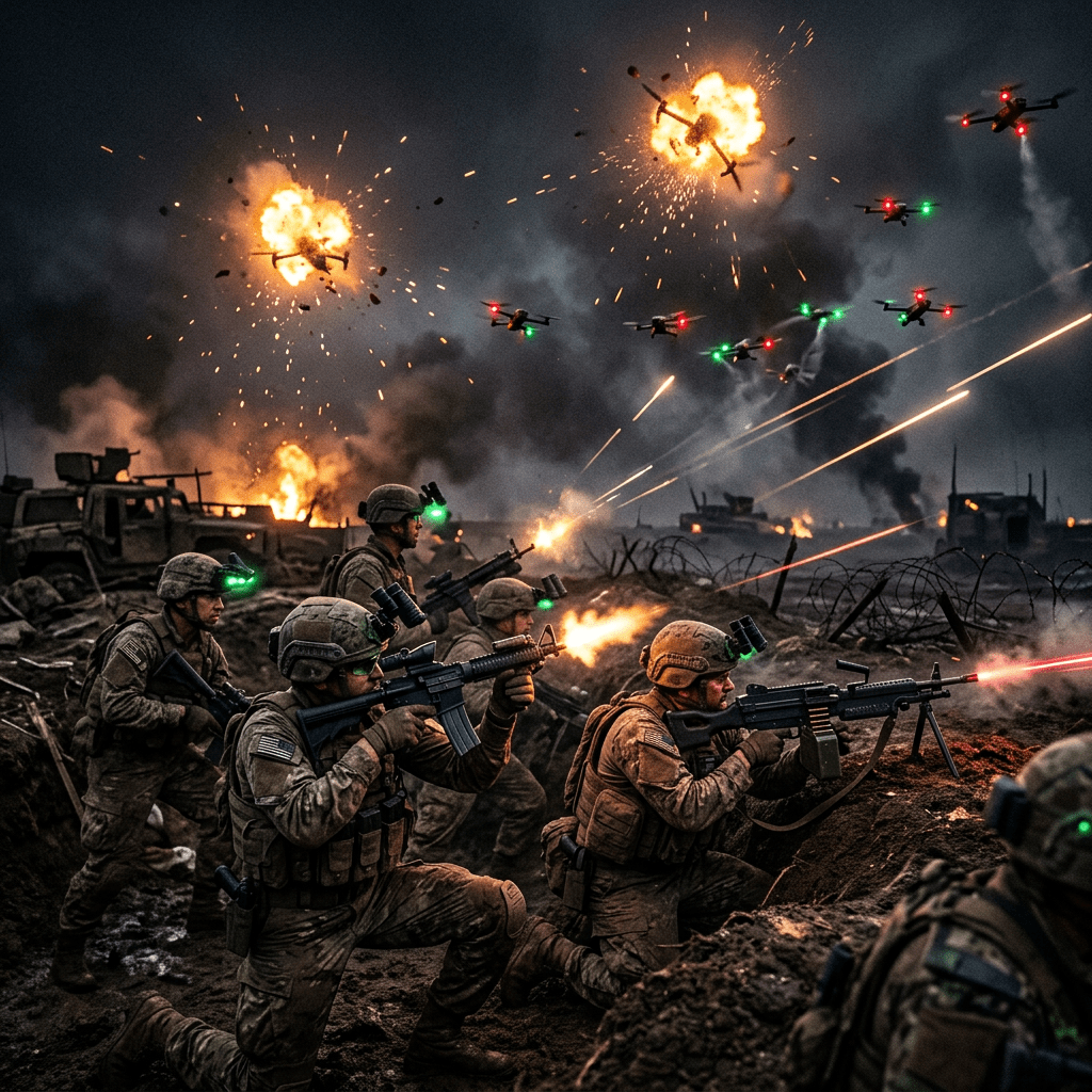 Soldiers firing weapons from trenches as drones explode above and tracer fire lights the dark battlefield