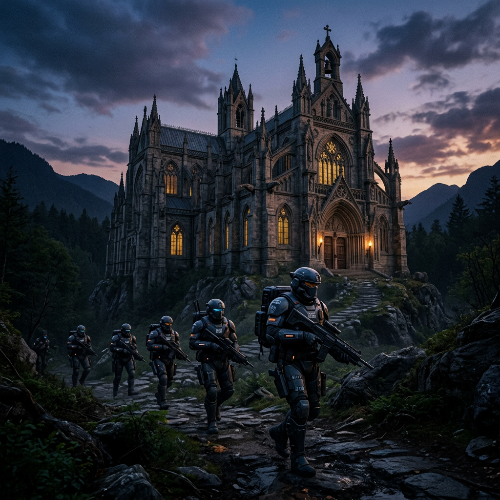 Group of armored futuristic soldiers walking on rocky path near a lit Gothic cathedral at sunset.
