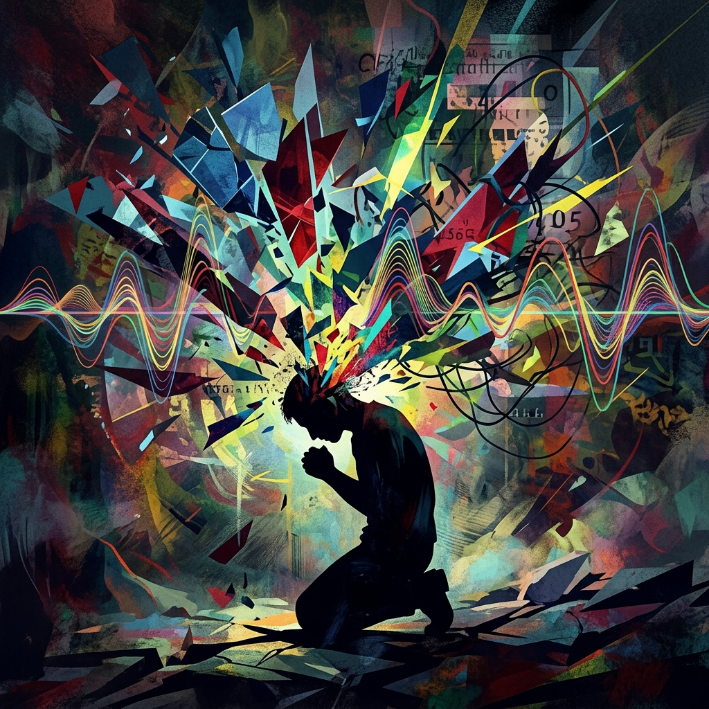 Silhouette of kneeling person with colorful abstract explosions and sensory waves around head