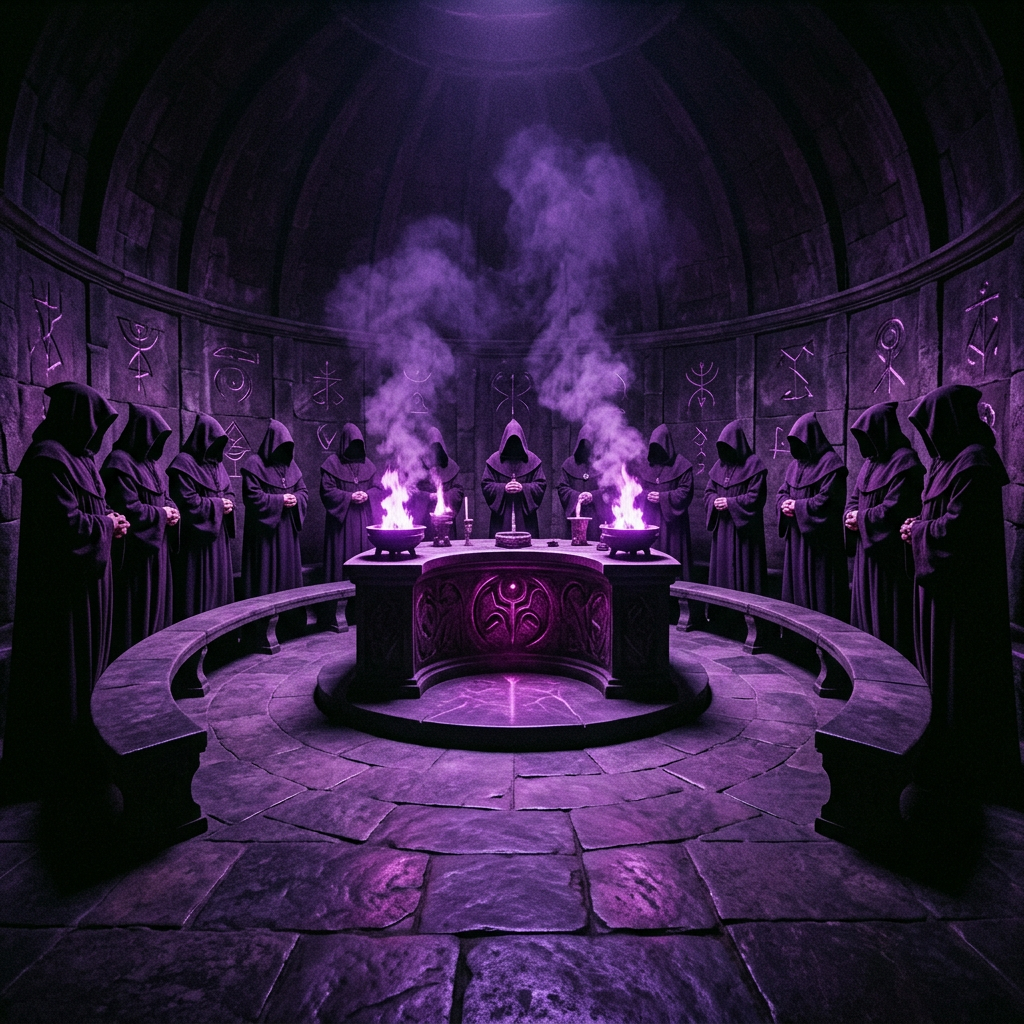 Hooded figures standing in a circular stone chamber around an altar with purple smoke rising