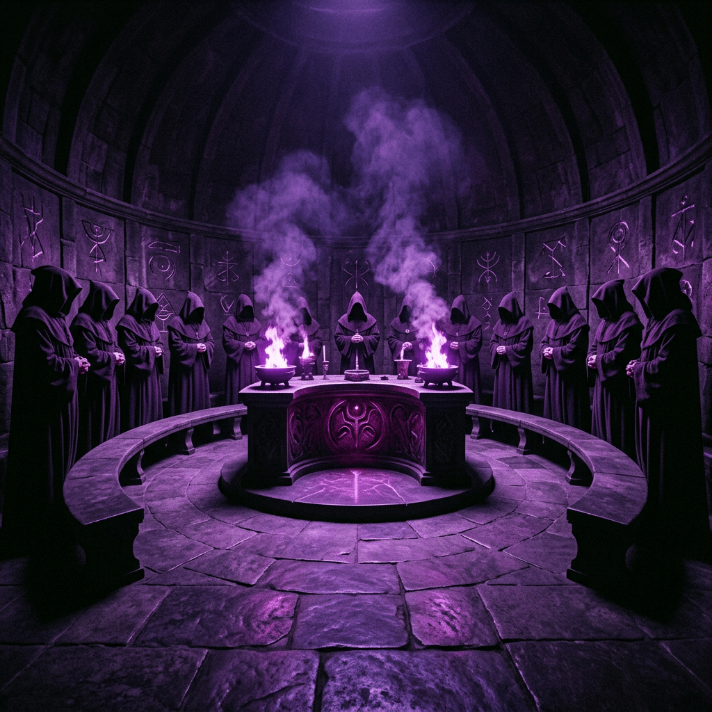 Hooded figures standing in a circular stone chamber around an altar with purple smoke rising