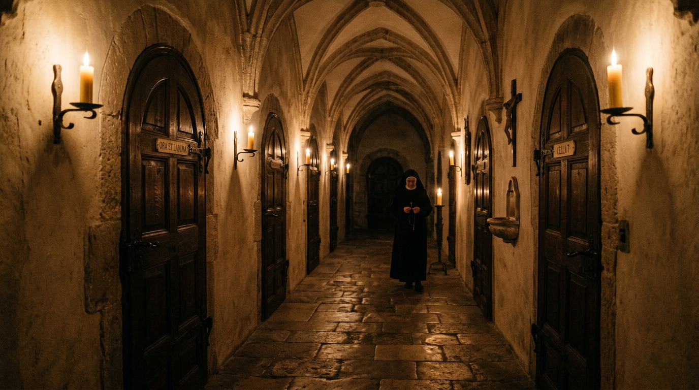Nun walking in stone monastery hallway lit by candles beside wooden doors